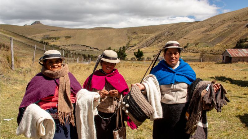 femmes équatoriennes avec leurs produits de fibre d'alpaga